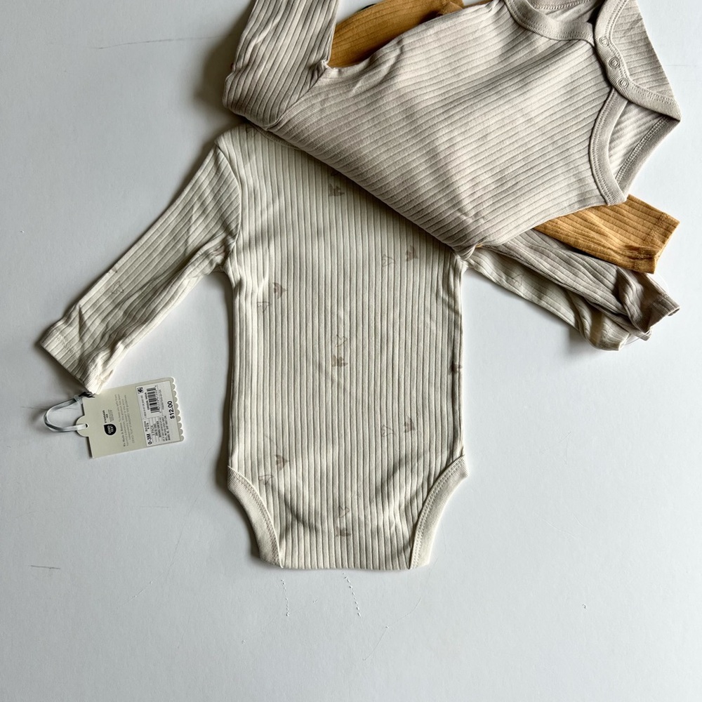 2 Cloud Island 3pc Ribbed Cream and Tan Baby Bodysuit Set Long Sleeve Bird Print - Picture 12 of 13